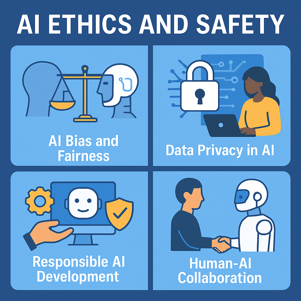 A digital illustration representing AI ethics and safety, showing a humanoid robot with balanced scales symbolizing fairness, responsibility, and technology safety.