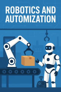 Robotic arm assembling a box beside a humanoid robot in an automated factory environment.