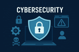 Cybersecurity concept with digital shield and lock.