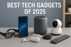 Smart gadgets 2025 including AI glasses, foldable phone, earbuds, and smart home devices.