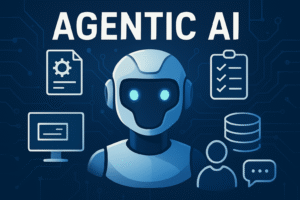 Illustration of Agentic AI featuring a robotic agent with digital icons representing automation, decision-making, and autonomous workflows.