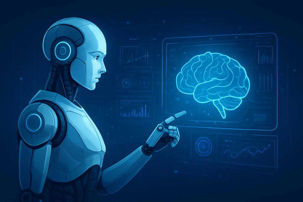 “Futuristic robot analyzing data with AI interface”