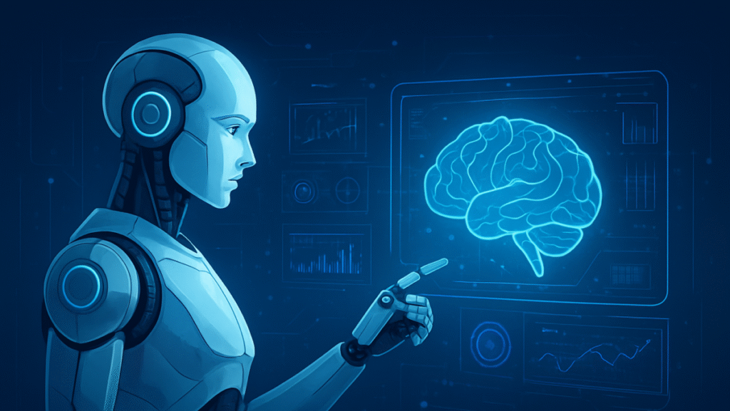 “Futuristic robot analyzing data with AI interface”